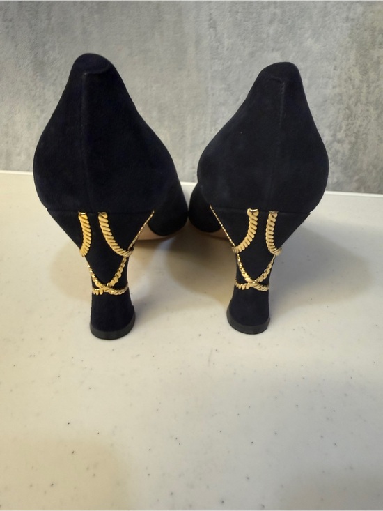 Bally Shoes - Bally Suede Heels Size 7.5 Navy Pumps with Gold Chain Heel Detail